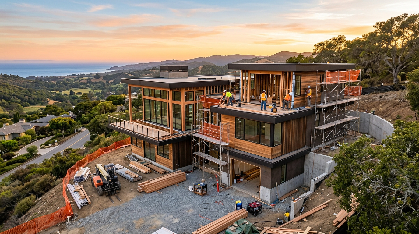 Modern California home under construction at sunset